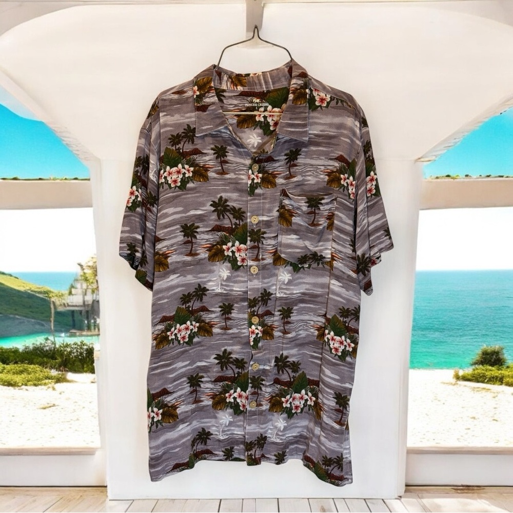 Casual Gray and Green Button Down Shirt with Tropical Print